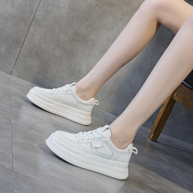 Thick soled white shoes, women's four season lace up versatile, student height increasing casual shoes, big toe wear-resistant sports board shoes