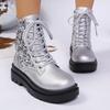 Fashion Women Boots Luxury Sequins Leather Boots Classic Lace-up Women Ankle Boots Outdoor Non Slip Platform Boot Bottine Femmes