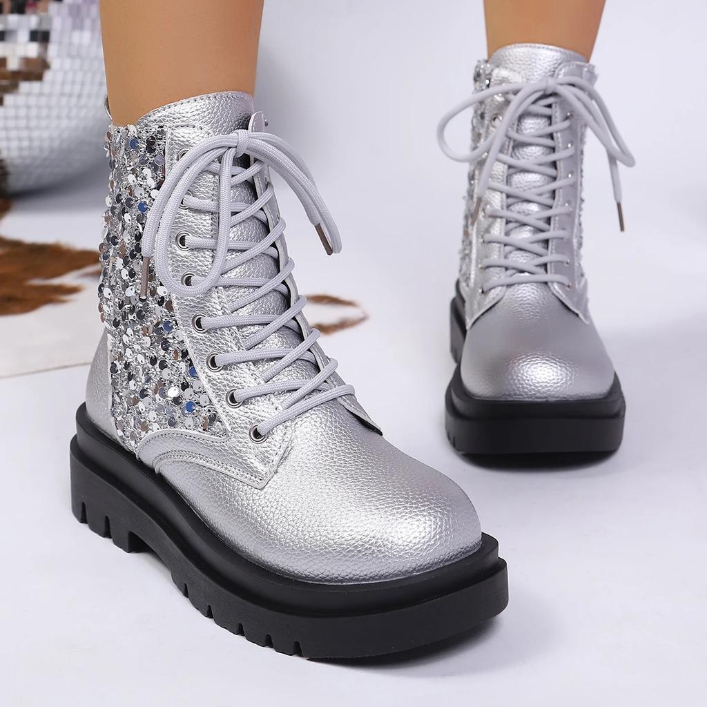 Fashion Women Boots Luxury Sequins Leather Boots Classic Lace-up Women Ankle Boots Outdoor Non Slip Platform Boot Bottine Femmes