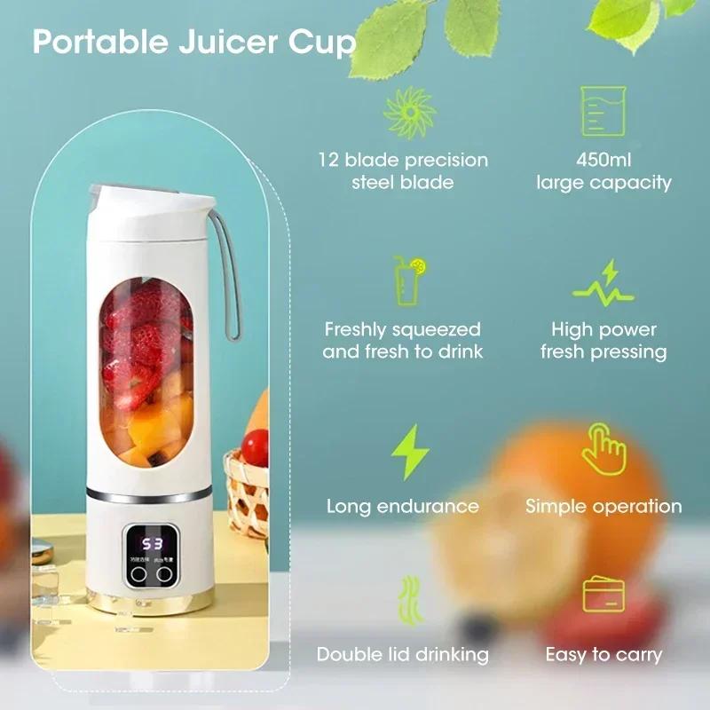 Electric Juicer Mini Portable Wireless Fruit Blender Multifunctional Blender Fresh Juice Processing Machine 8 Blade LED Display