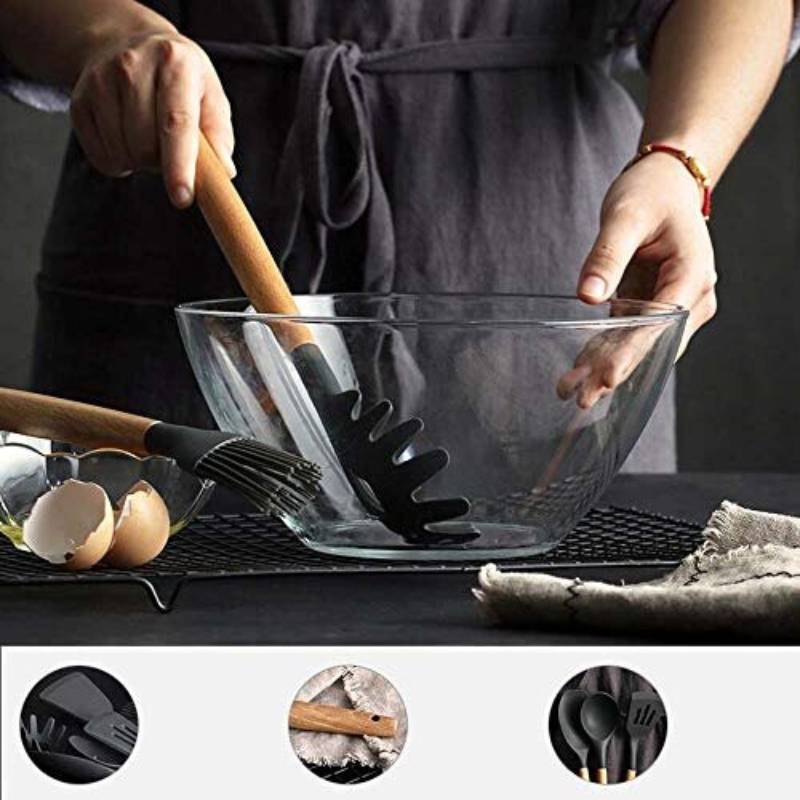 Silicone Kitchen Utensil Set With Wooden Handles For Nonstick Cooking And Heat Resistance