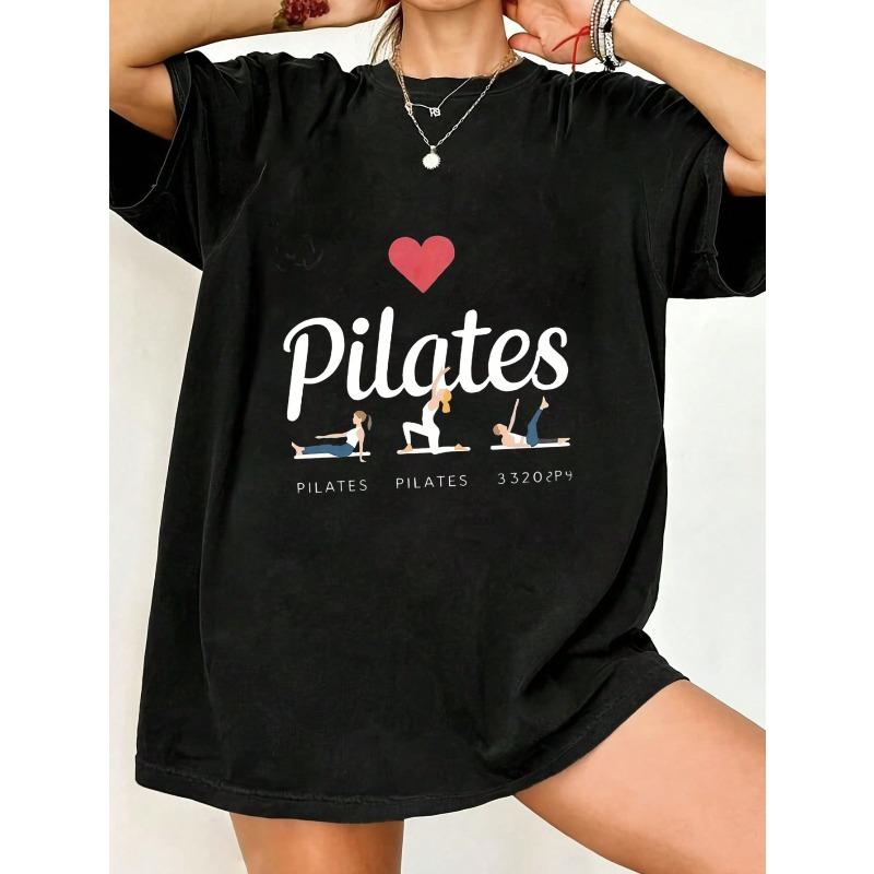 Pilates T-Shirt Schwarz Pilates Herz und Posen Druck für Workout- und Gymnastikkleidung