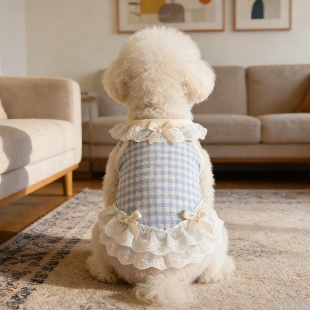 Breathable Pet Dog Vest Bow Lace Design Cat Checkered Clothes Pet Lace Skirt  Daily Wear