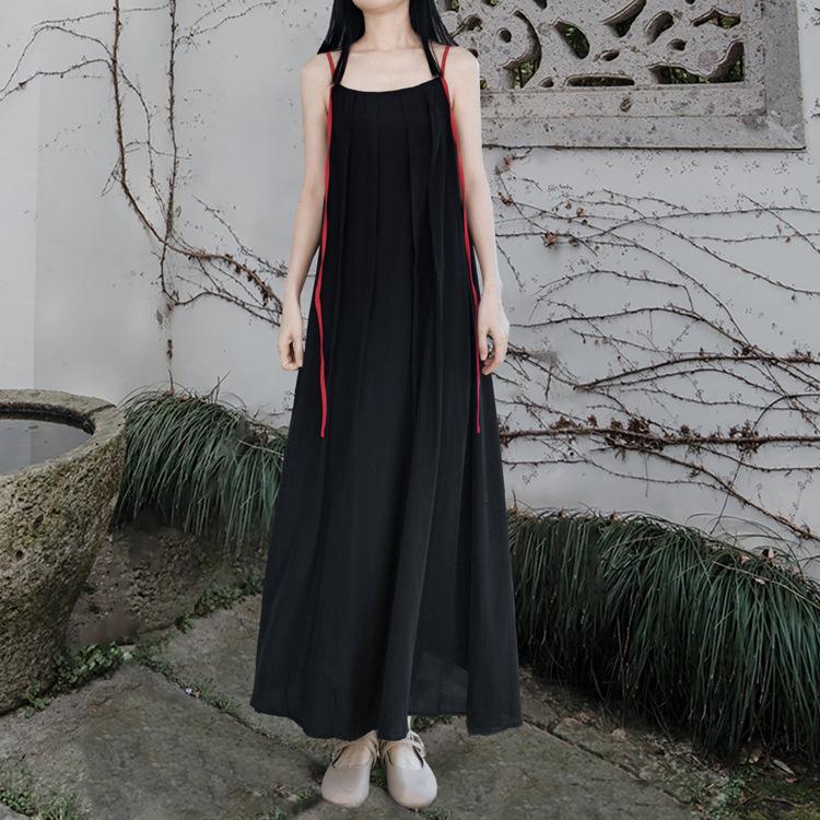 

Женское летнее нишевое платье в китайском стиле с контрастным вырезом-лодочкой и А-силуэтом, винтажное платье без рукавов One Size прохладный черный