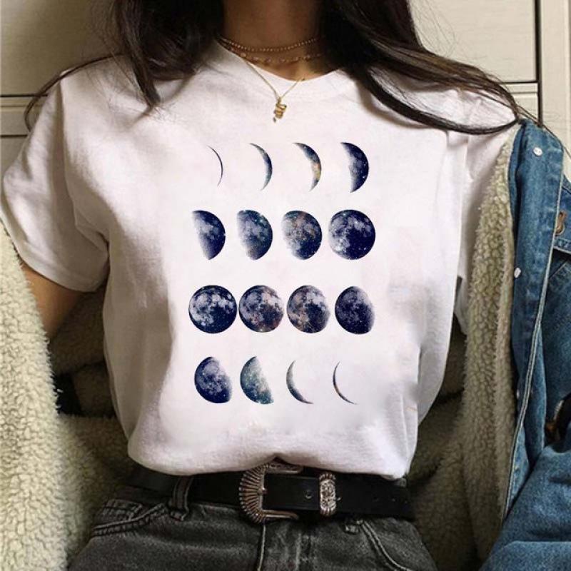Summer Fashion Printed Moon Moon Eclipse Loose Half Sleeve Letter Cotton T-Shirts Women’s