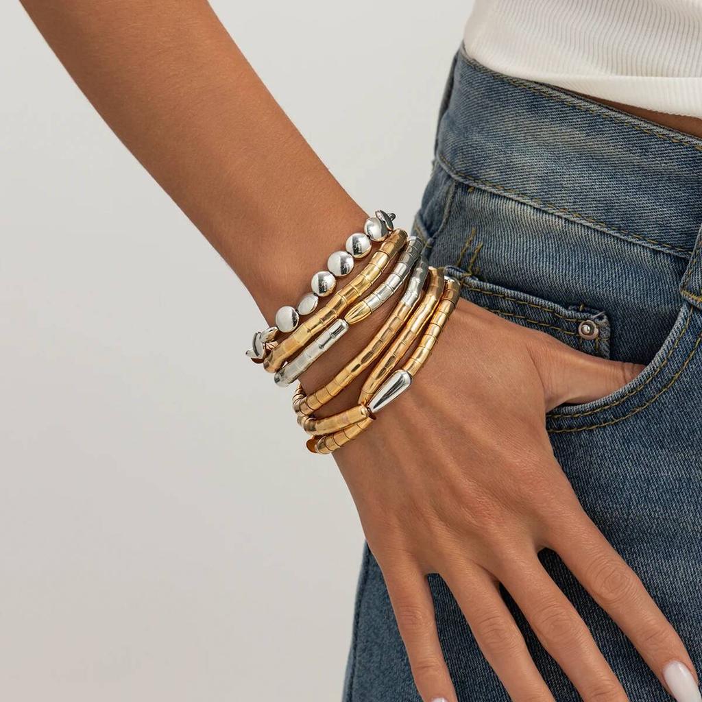Salircon 6 Pcs Punk Trendy Irregular Geometry Bracelet Set for Women Men Creative Handmade Metal Stack Hand Chain Couple Jewelry