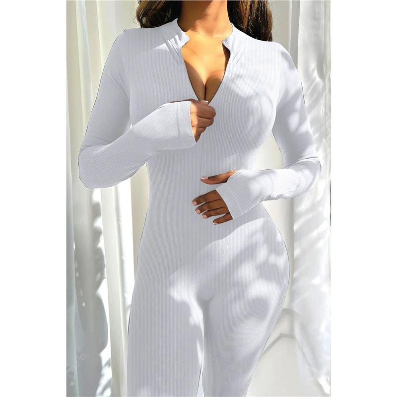 Women's Ribbed Elastic Slim-fit Long Sleeve Sport Yoga Jumpsuit with Invisible Zipper