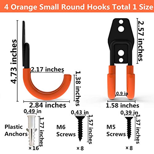 Wall Mount Heavy Duty Double J Hook for Garage Storage: 4 Pack Orange 2.8 Inch Steel Utility Hooks with Anti-Slip PVC Coating 65 LB Load Capacity for