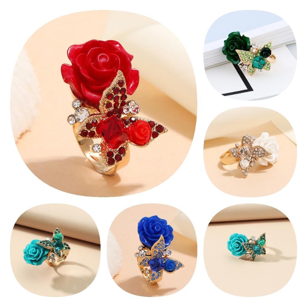 5 Color Women Rose Ring Fashion Exquisite Retro Butterfly Accessories Decorative