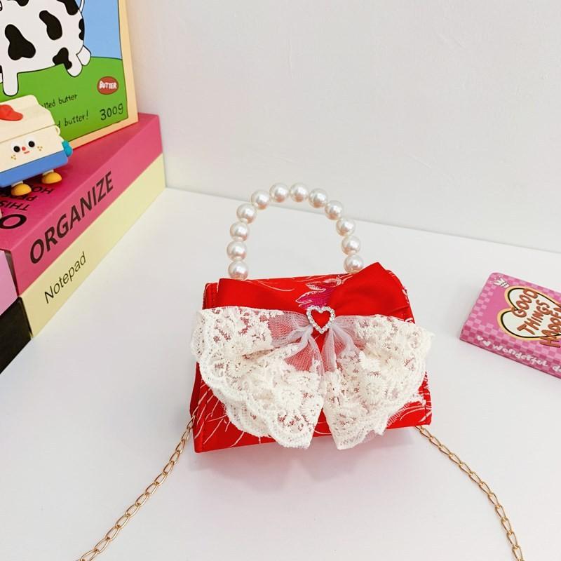 

Праздничная блестящая красная сумка-бант из жемчуга для детей, идеально подходящая для Нового года и повседневной носки Red Lace Heart Bow