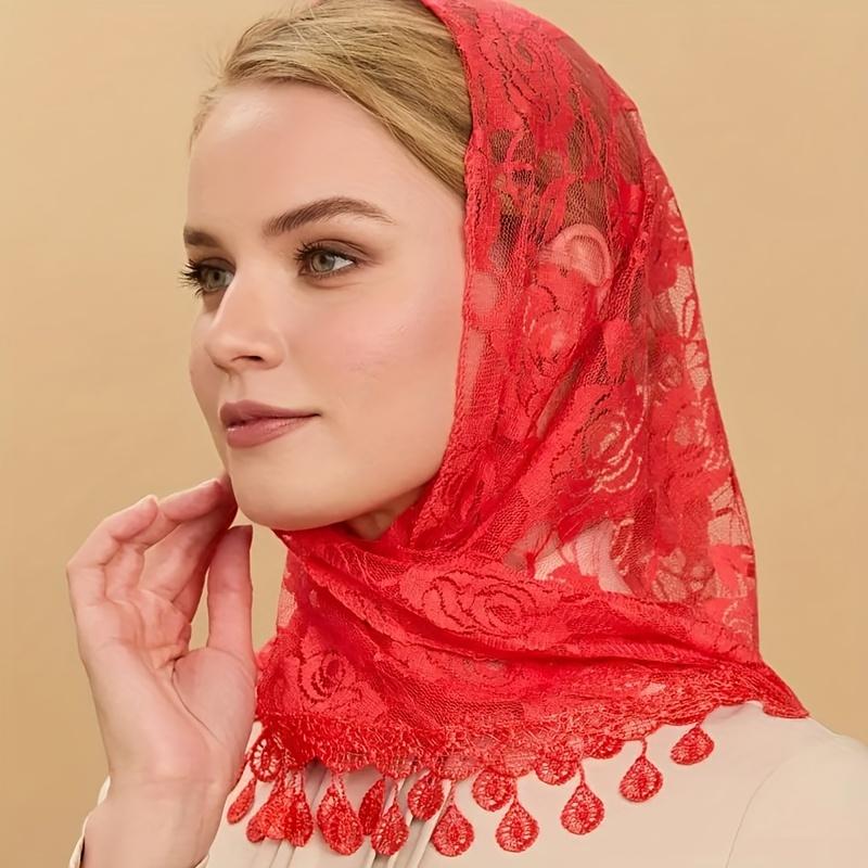 

1pc Rose Pattern Lace Triangle Hijab Scarf Thin Breathable Tassel Shawl Elegant Style Windproof Sunscreen Head Wrap 140x50CM