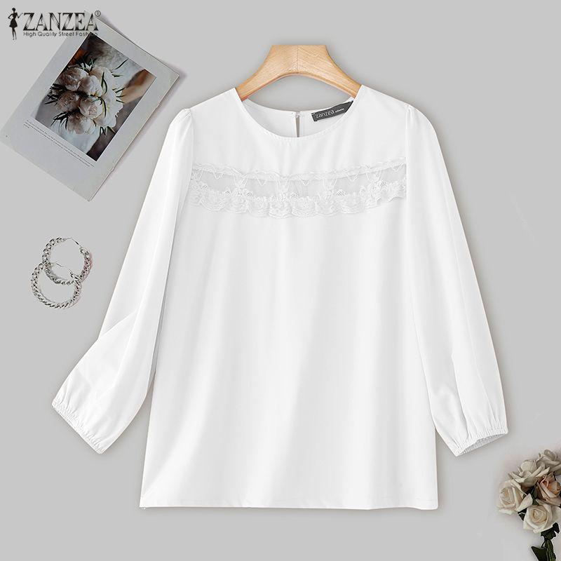 ZANZEA Women Casual V-Neck Long Sleeve Lace Patchwork Solid Color Loose Blouse