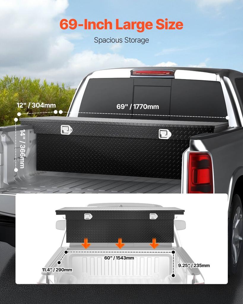Crossover Truck Werkzeugkasten, 69x12x14 Zoll, Robuster Aluminium-Werkzeugkasten mit Rautenstruktur, Werkzeugkasten für Pickup-Ladefläche, Wohnmobil, Anhänger, Wasserdichte Aufbewahrung