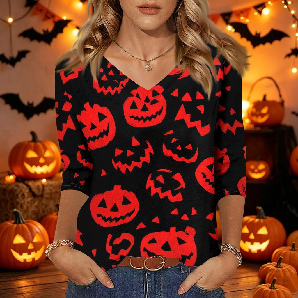 Damen Freizeit V-Ausschnitt Oberteil Halloween-Print Dreiviertelärm Leicht Bluse Lockerer Schnitt Pulloverhemd für die Herbstsaison