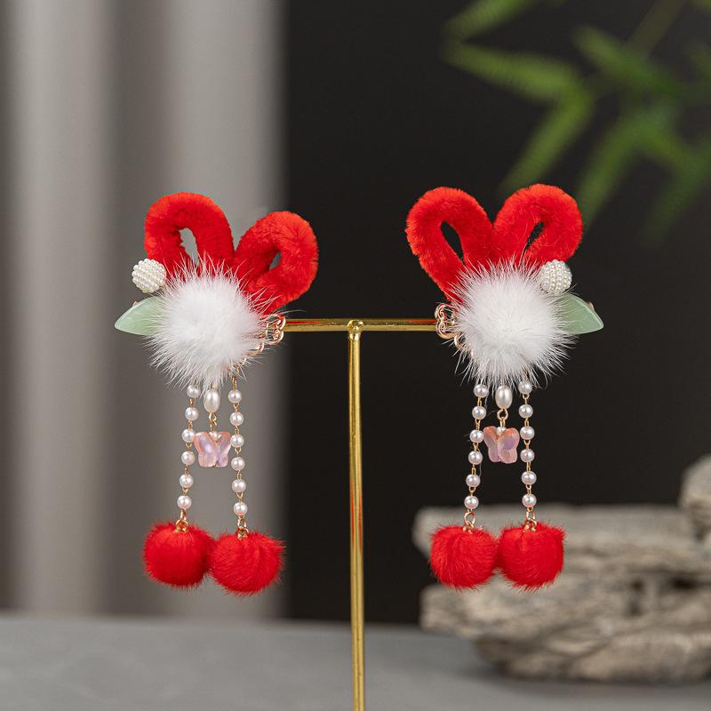 Red New Year Hanfu Hair Clips for Girls - Chinese Style Floral Headwear