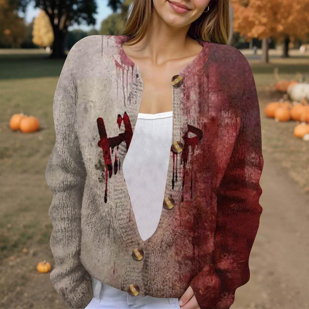 Moda feminina estampada manga comprida malha cardigan botão para baixo jaqueta