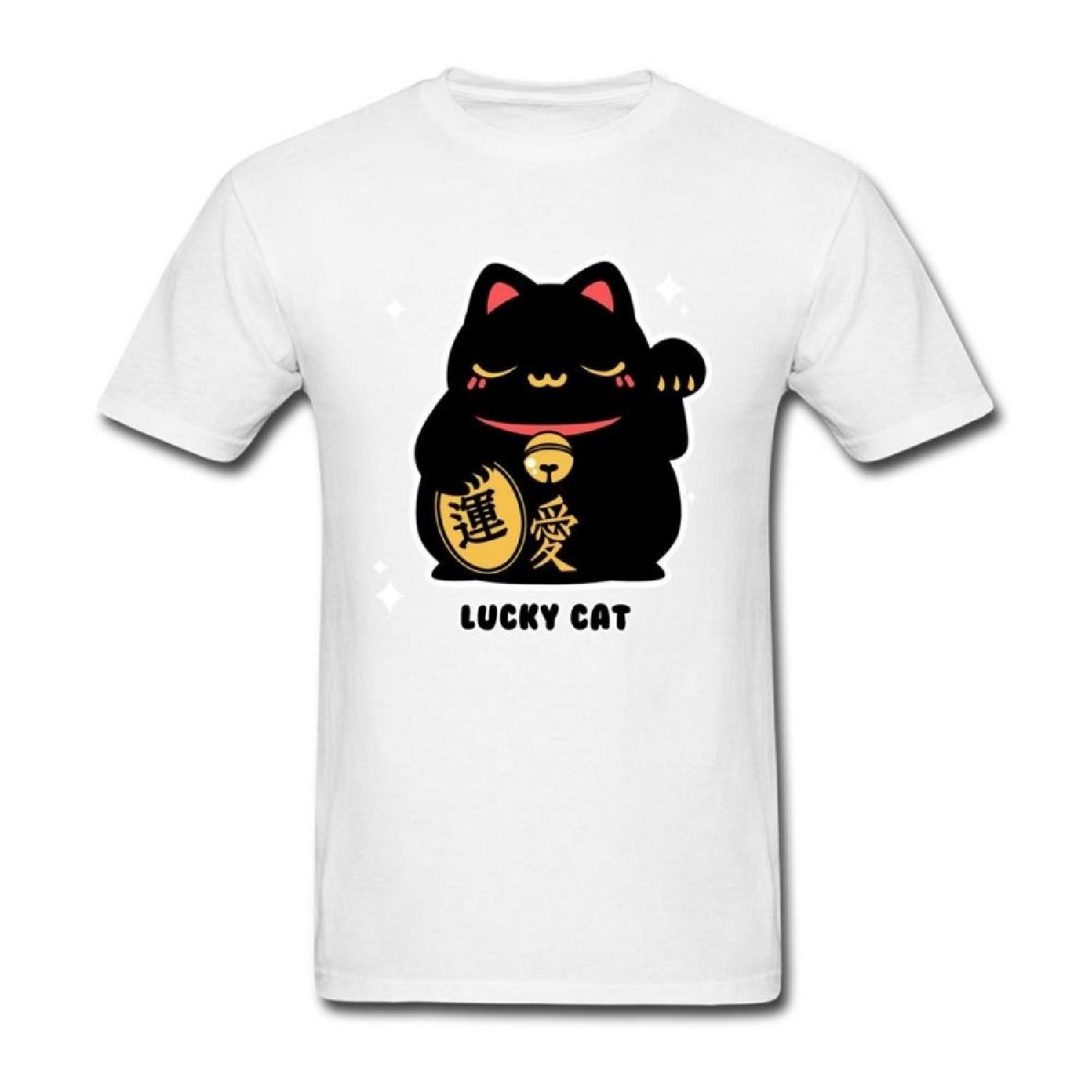 SLJD Men s Maneki Neko Lucky Cat Black Happy Design T Shirt S