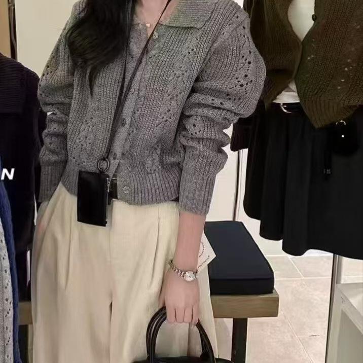 Korean Style Women's Hollow-Out Knit Lapel Top - Chic & Versatile Sweater