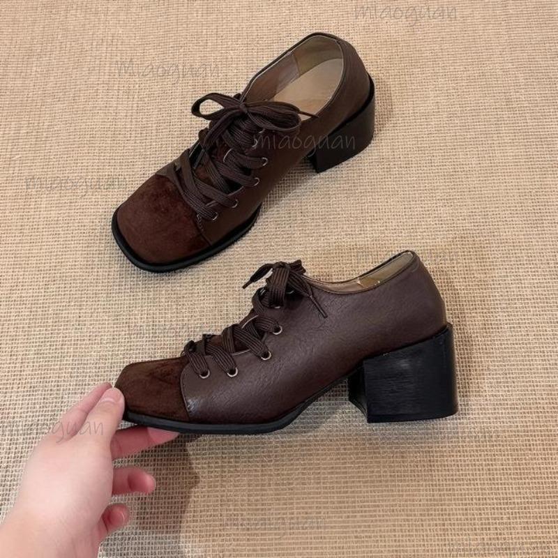 

Vintage Brown Square Toe Lace Up Loafers Women s Chunky Heel Mary Jane Shoes Office Ladies Daily Footwear Dress Shoes Fashion 40
