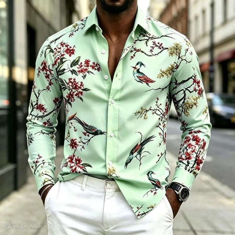 New Men's Shirt Collar Long Sleeved Printed Shirt Street Style Elegant Men's Casual Fashion Top, Comfortable, 17 Colors