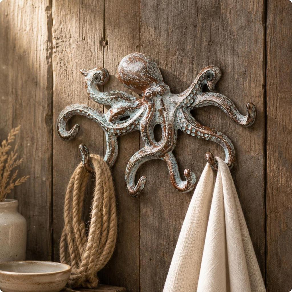 Cast Metal Sea Creature Hook Rustic Finish Wall Multiple Hooks White Brown
