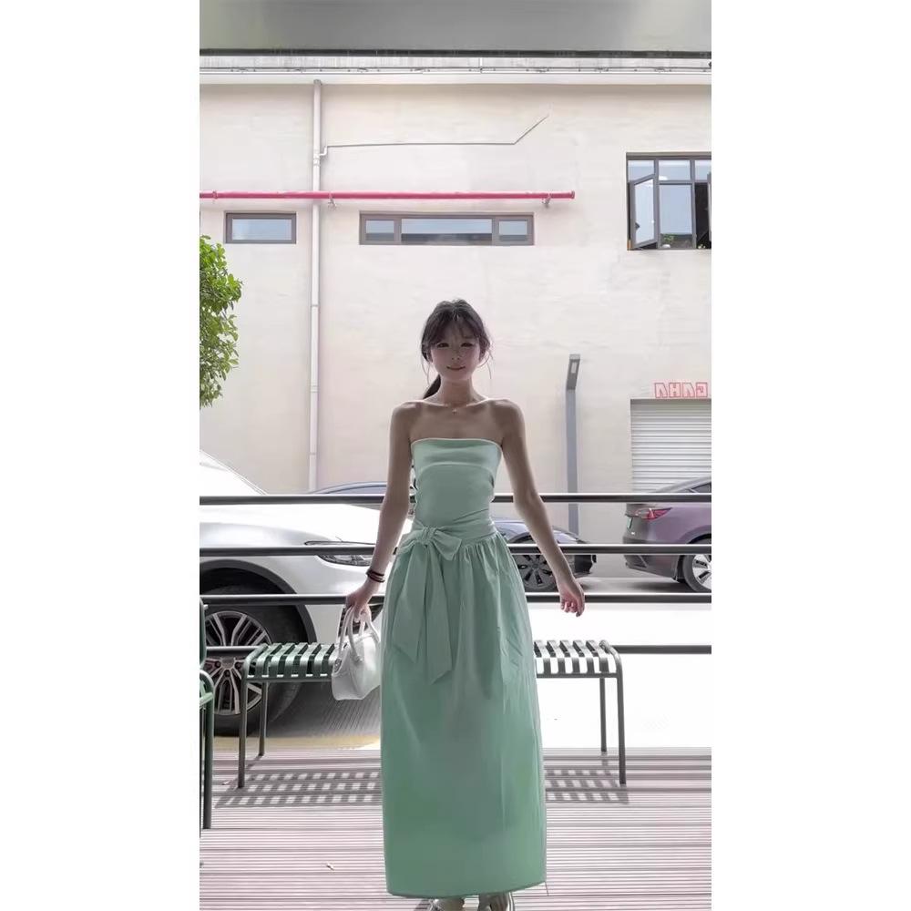 Korean simple bow strap tube top dress summer new design temperament waist thin medium and long dress
