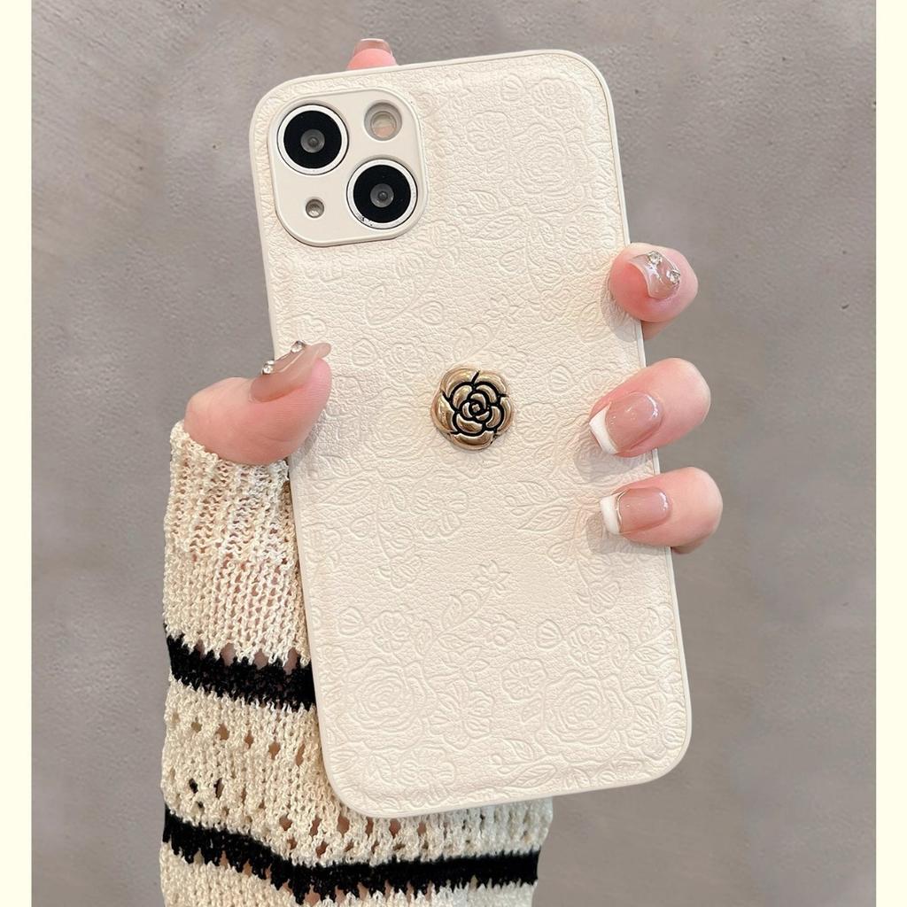 Camellia Ins Style for IPhone17 Mobile Phone Case for Apple 15PRO Embossed 16 Simple Solid Color Protective Cover