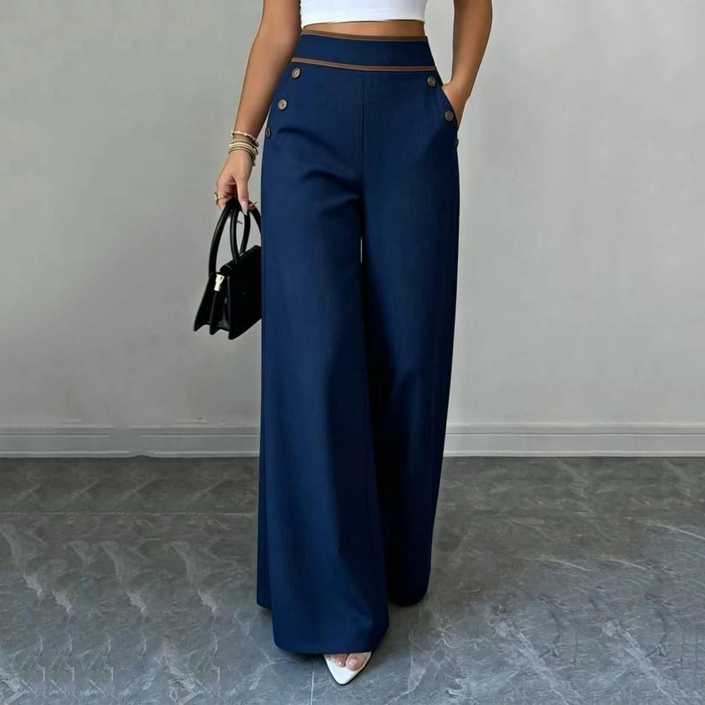 Women High Waist Wide Leg Pants Button Detail Straight Leg Casual Trousers Lightweight Loose Fit Bottoms for Everyday Wear