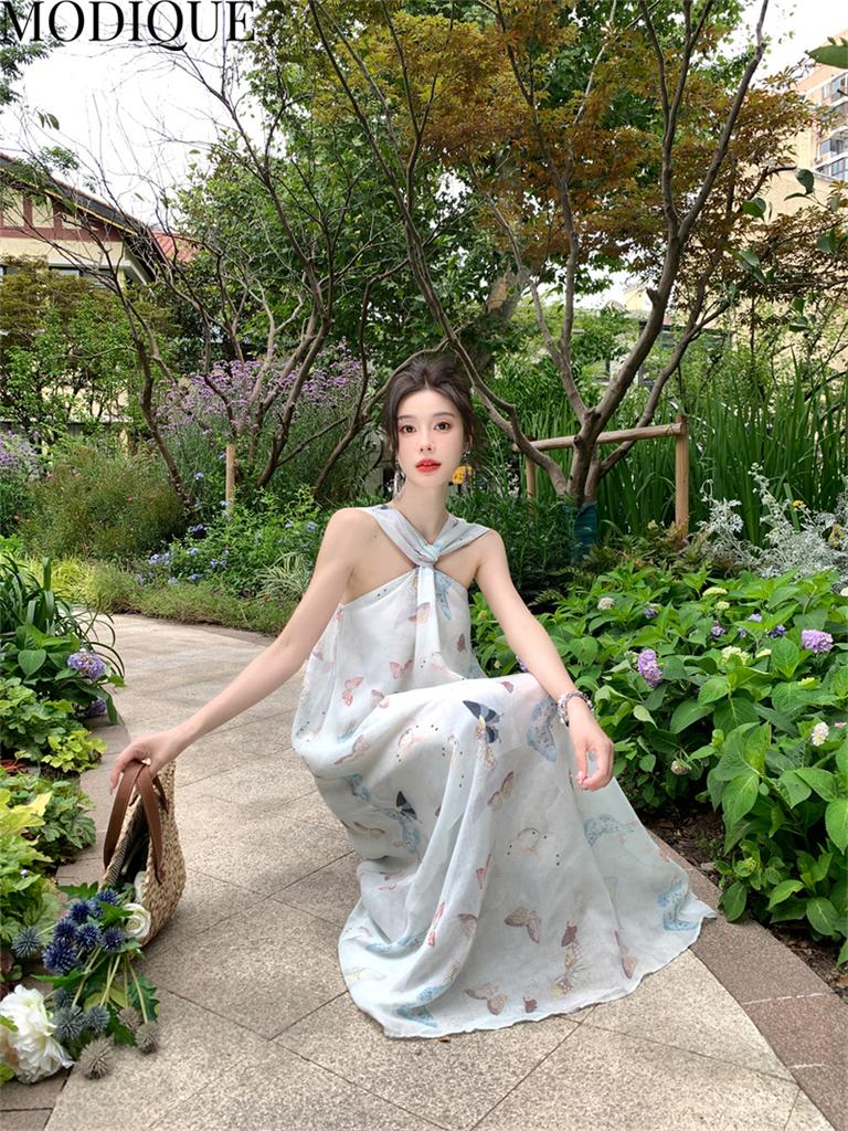 MODIQUE Summer Women Elegant Butterfly Print Casual Beach Backless Mesh Gauze Girly Halter Long Dresses Holiday Lady Fairycore Sweet Atmosphere Dress