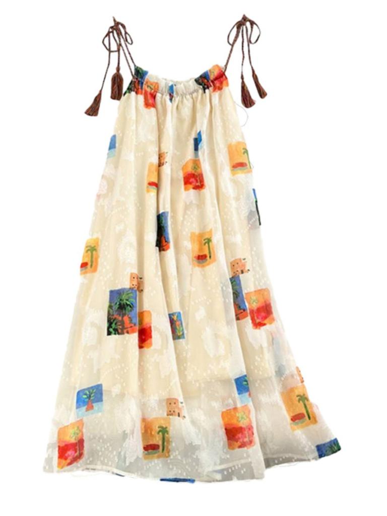 Summer French retro temperament loose printing suspender skirt seaside vacation Sanya beach skirt fashion sleeveless dress