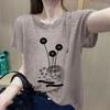 Women Abstract Print T-shirt Round Neck Short Sleeve Casual Solid Color Loose Fit Bamboo Cotton Top