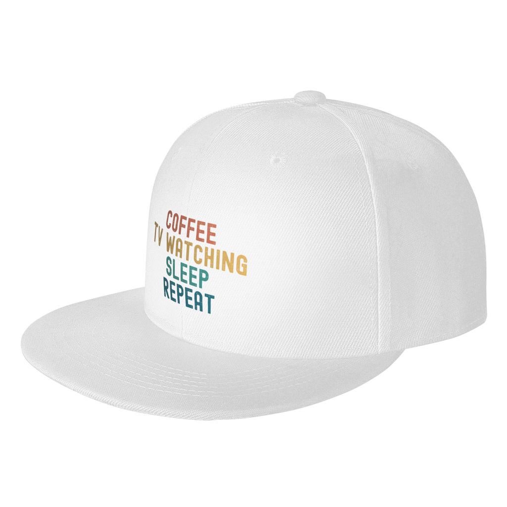 Fashion Coffee Tv Watching Sleep Repeat  Funny Tv Watching   Coffee Gift Flat Brim Sun Hat  Campus Outfits Snapback Cap