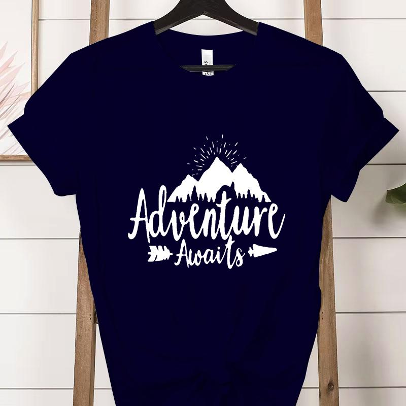 Adventure Awaits Crew Neck Short Sleeve Tshirt Women Mountain Outdoors Hiking Classic Tops Funny Camping Gifts Casual Tshirts