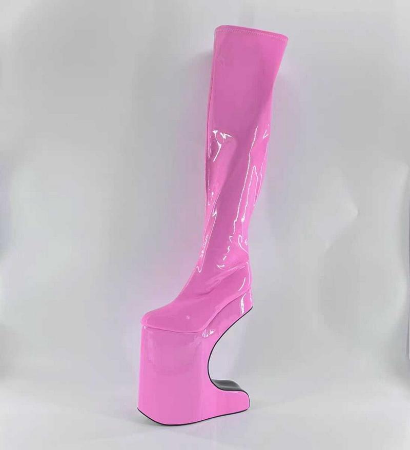 FHC 30CM Bent Heel.Women Knee High Boots,Men Fetish Bed Cosplay Shoes.Platforms Long Botas.Round Toe,Pink,Red,Custom Colors