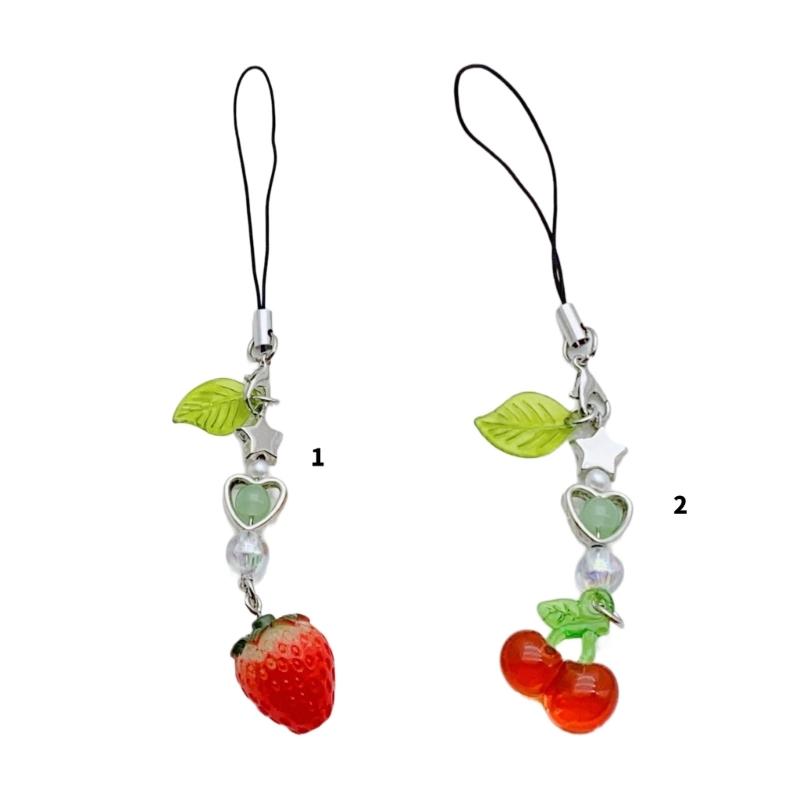 Strawberry/Cherry Beaded Keychain Charm Colorful Fruit Keyring for Women and Girls Bag Accessories Purse Decoration