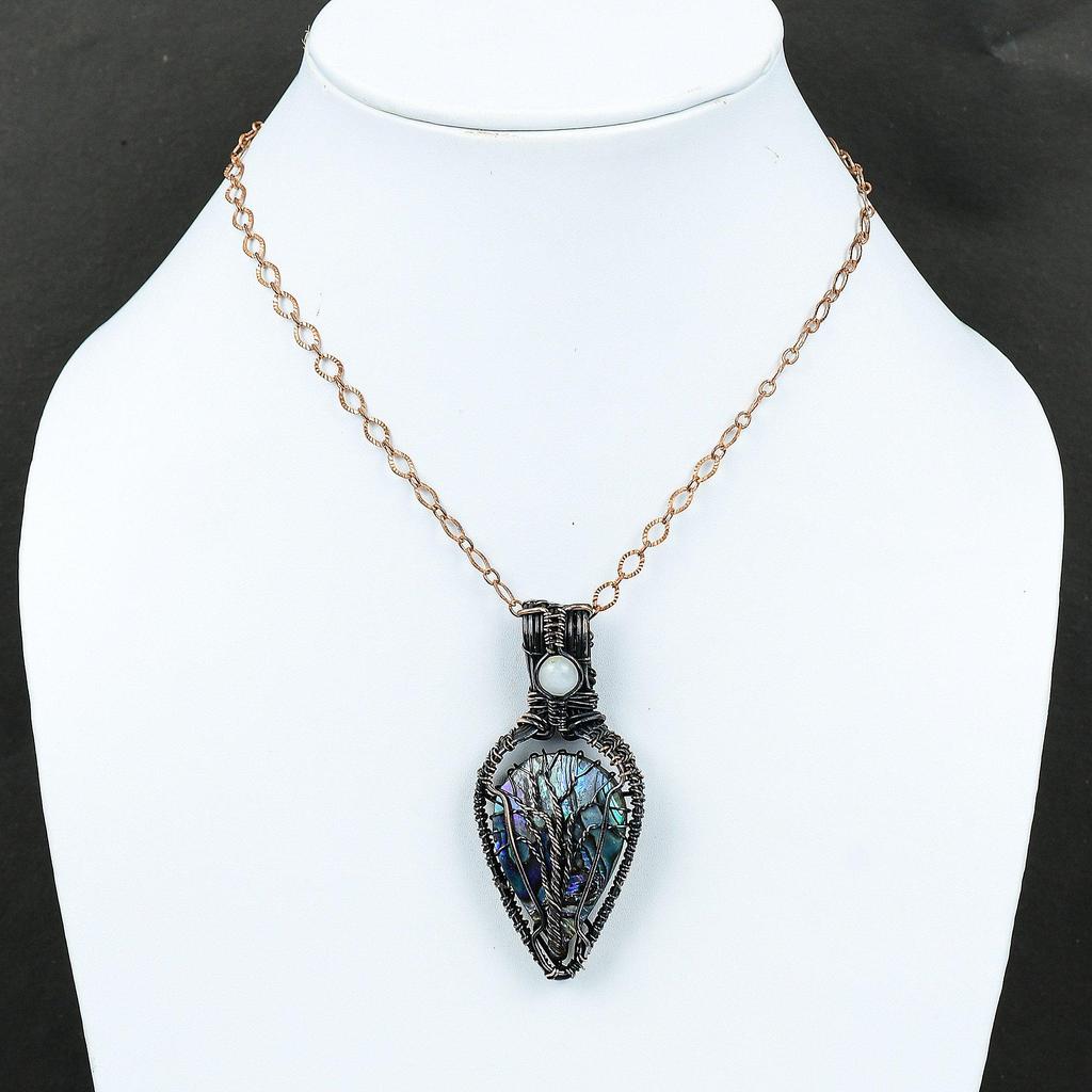 Tree Of Life Abalone Shell Pendant Copper Wire Wrapped Pendant Gemstone Jewelry Handmade Pendant Rainbow Moonstone Pendant Wire Jewelry Gift