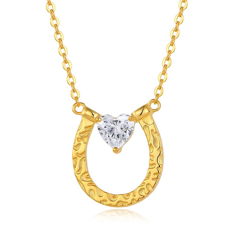 S925 Sterling Silver Horseshoe Heart Zircon Pendant Necklace with Hammered Texture Clavicle Chain 925 Silver