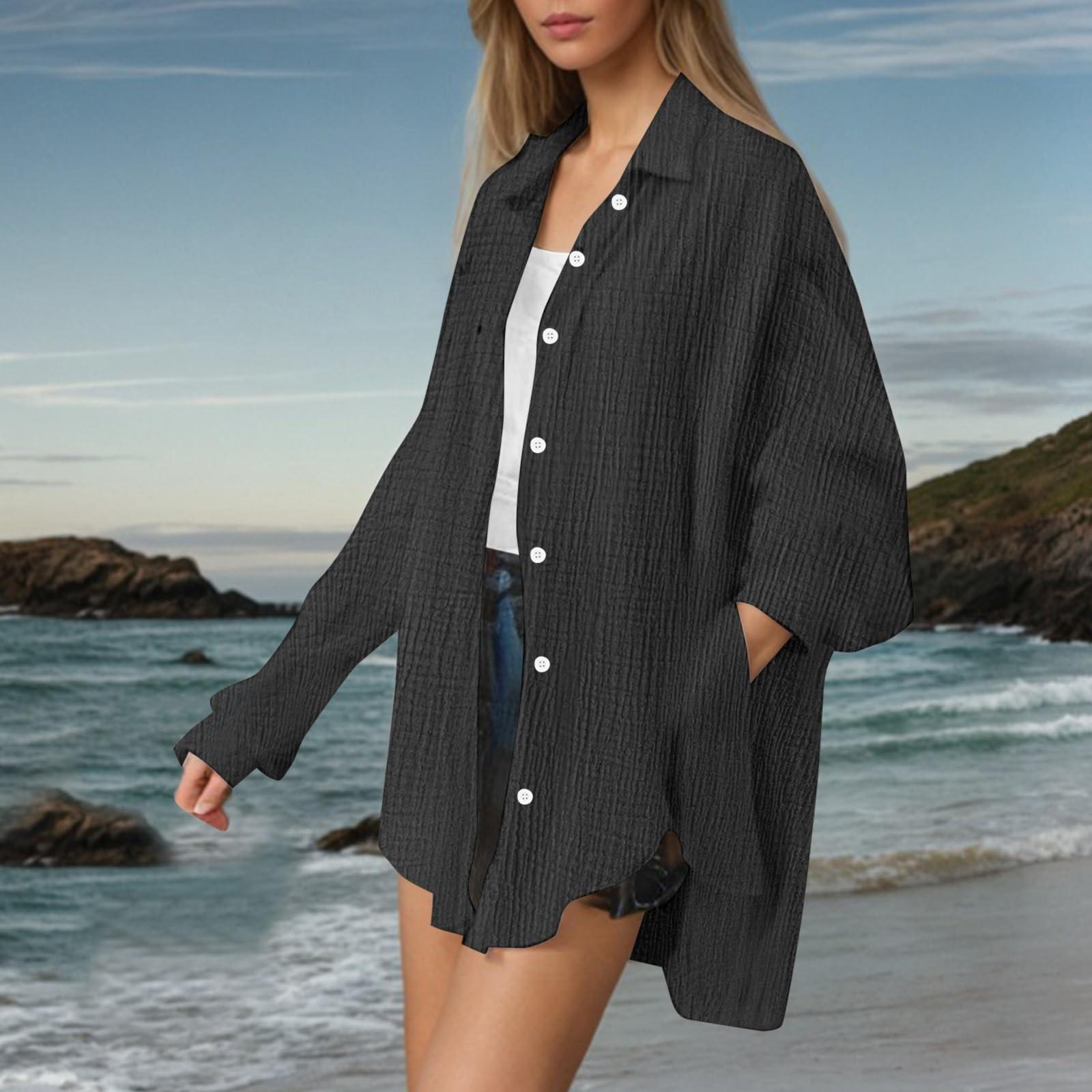 

Women s Fashion Casual Long Sleeve Double Layer Wrinkle Lapel Button Down Shirt Top L чорний