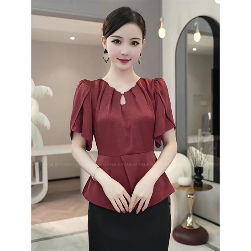 Shirt New Style Women's Summer Chic Fashionable Satin Red Short Sleeve Top