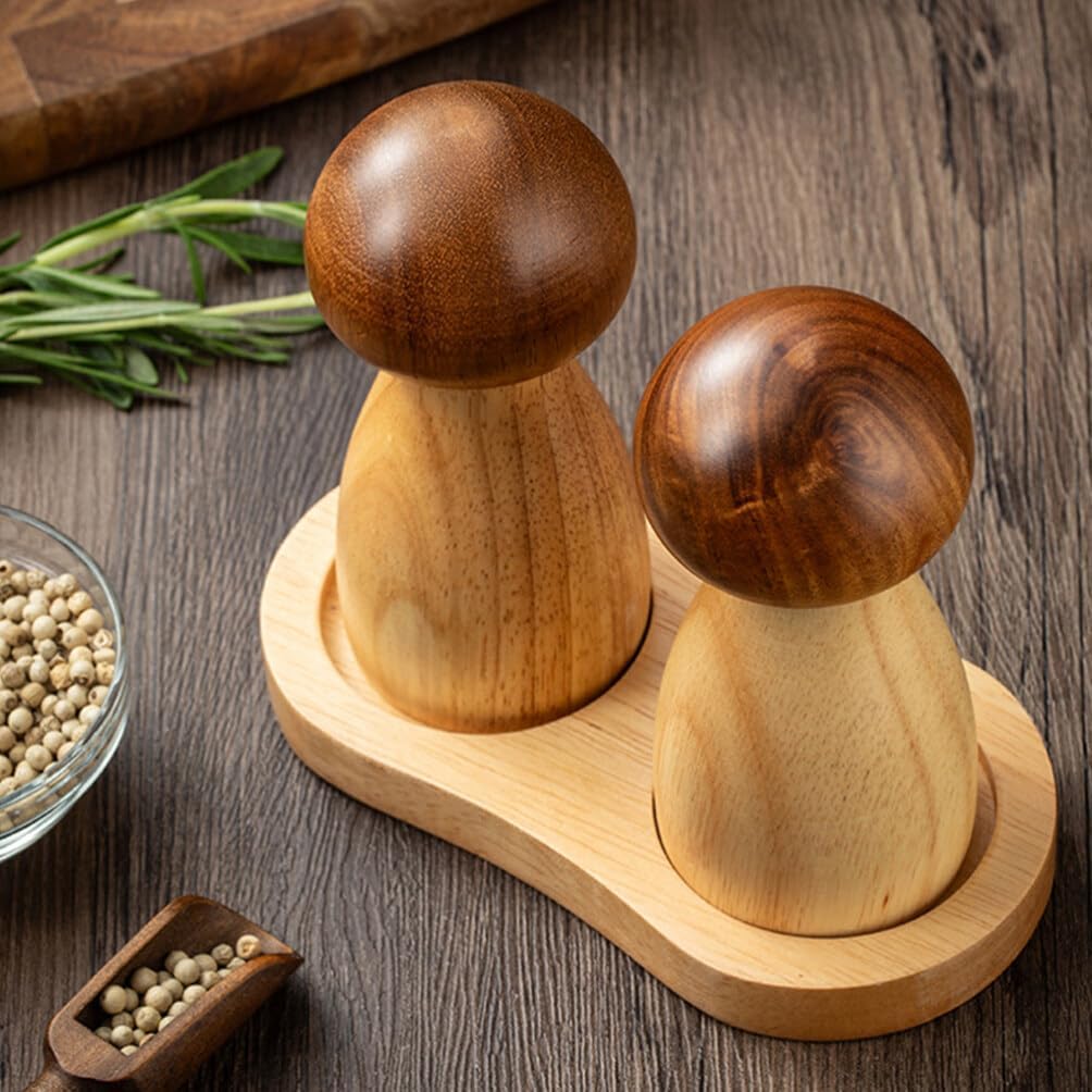 ABOOFAN 2 Stück Pilz Salz- und Pfeffermühle Set mit Basis Holz Pfeffermühle Manuell für Küche