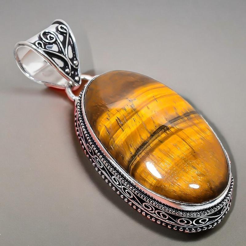 Tigerauge Edelstein Handgefertigt 925 Sterlingsilber Schmuck Anhänger 2,17" AH-878