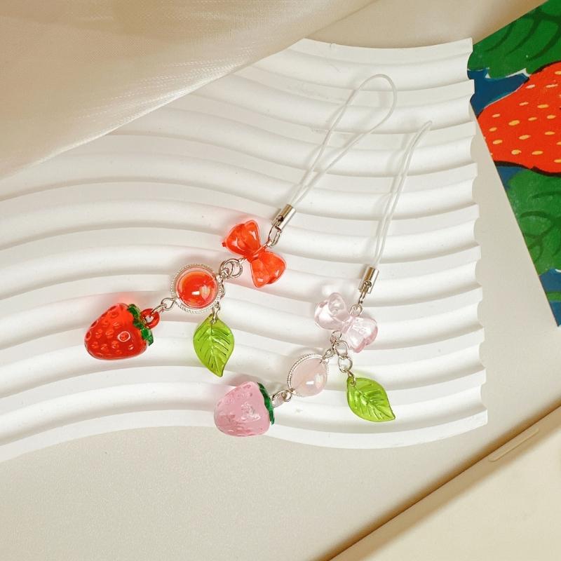 Stylish Acrylic Strawberry Green Leaf Phone Strap Mobile Hanging Decoration Charm for Decorative Fashion Use