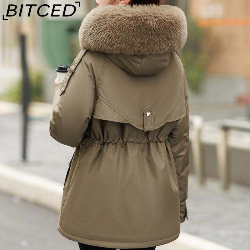 BITCED Fleece-Lined Thickened Down-Filled Cotton Coat for Women - Short Style Autumn/Winter Waist-Defining Design with Large Fur Collar
