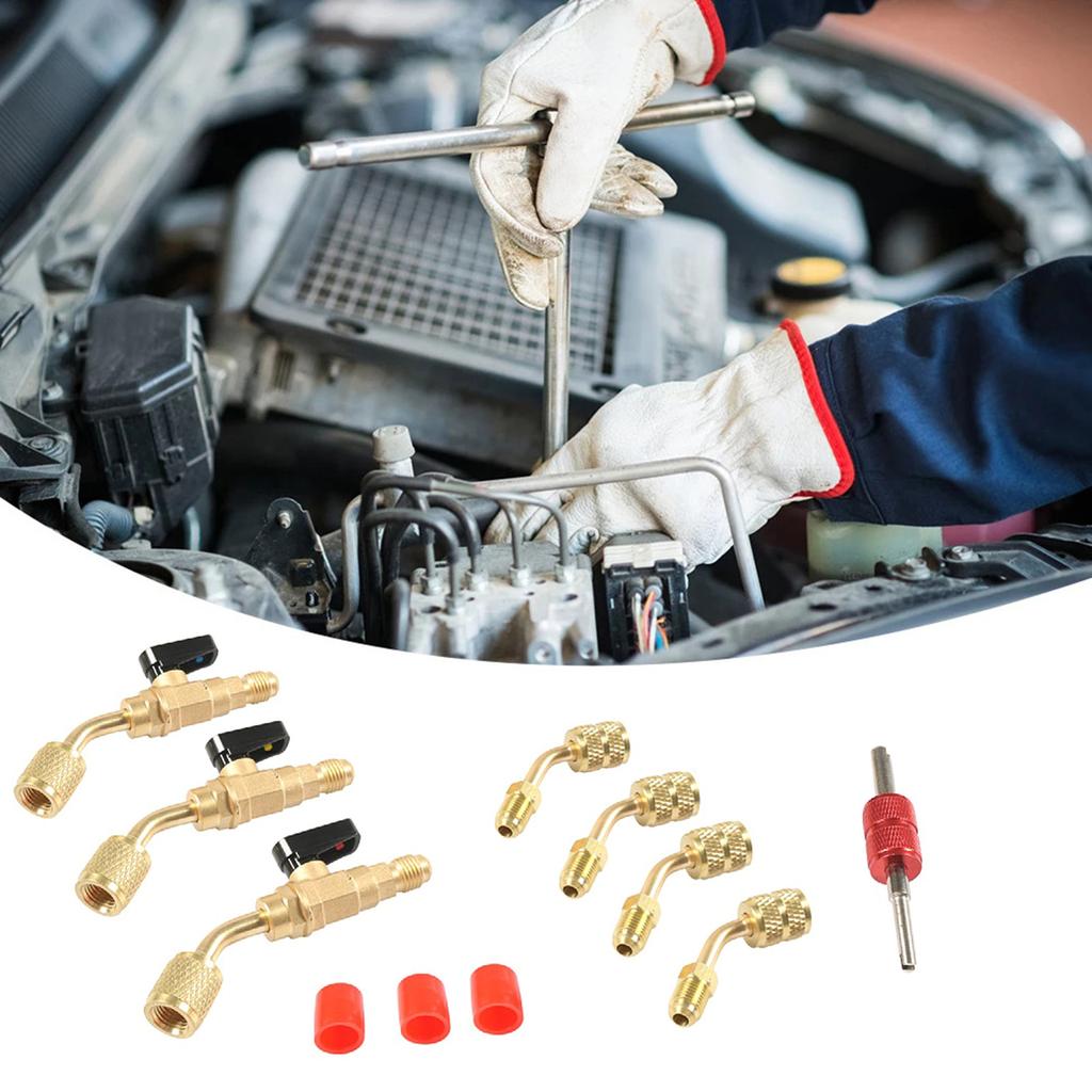 Brass Valves HVAC Charging Hoses Maintenance Kits for Air Conditioning Refrigerants Charging, 45 Degree Angle, 1/4" SAE