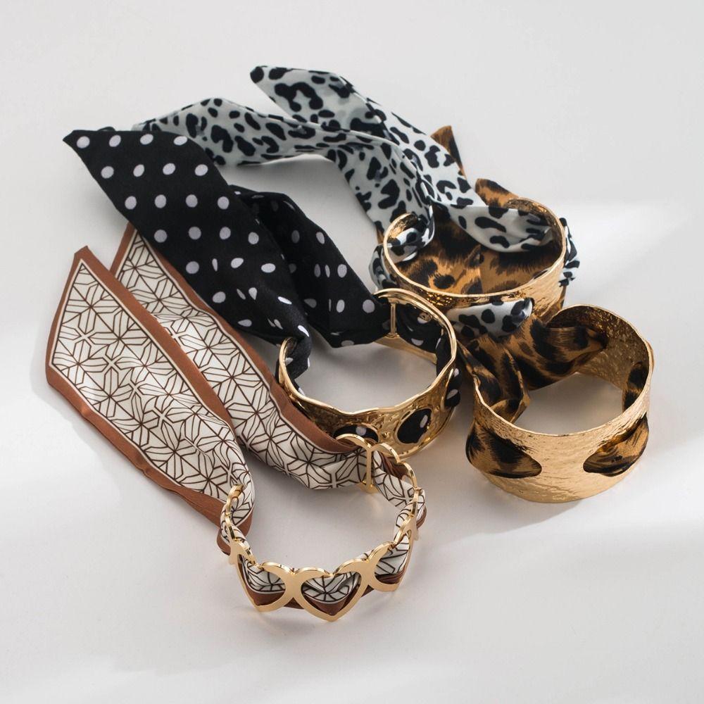 Leopard Print Silk Scarf Cuff Bangles Ribbon-Wrapped Polka Dot Metal Wide Bracelet Geometric Minority Design