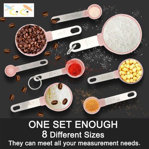 XGiGiX 8-Piece Pink Measuring Cup and Measuring Spoon Set with Stainless Steel Handles, Cute Pink Cups, and 2 Kitchen Tool Hooks