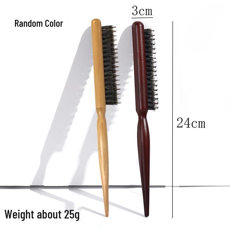 Fluffy Tooth Three-Row Boar Bristle Hairdressing Comb - Wooden, Pointed, Long Handle for Teasing, Curling, and Styling