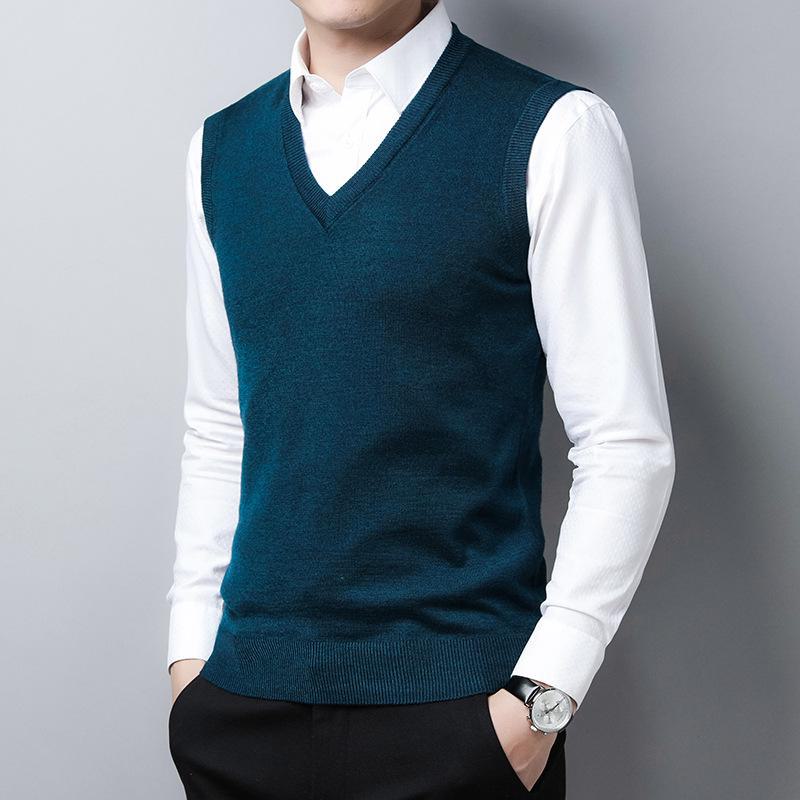 Pánská jednobarevná pletená vesta na jaro a podzim - Vlněná vesta do kanceláře