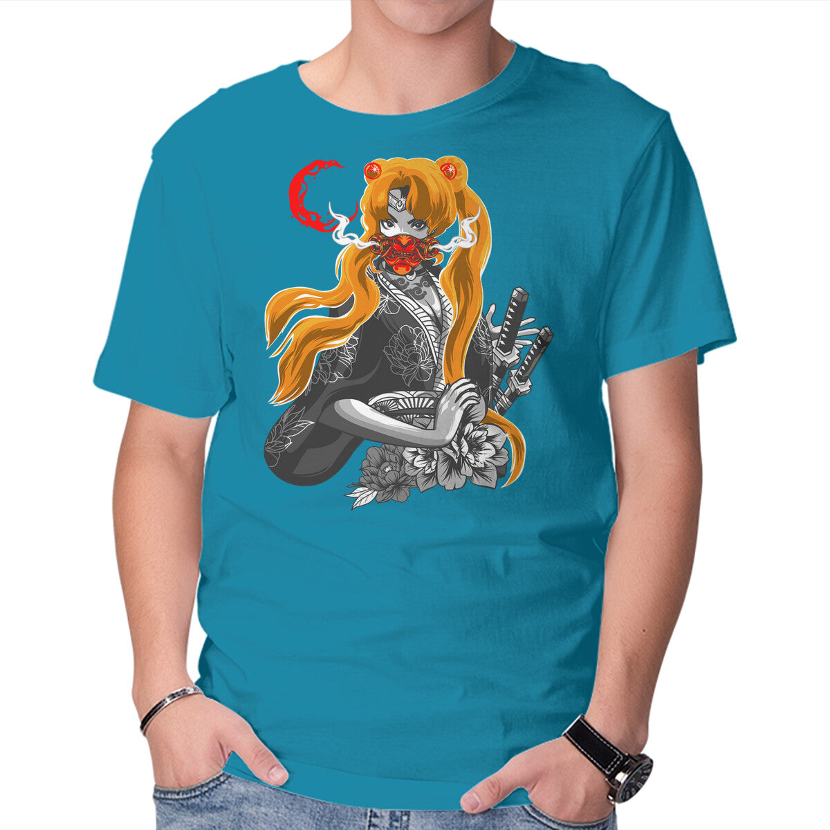Unisex Crew Neck T-Shirt Moon Samurai Graphic Short Sleeve Casual Tee XXL