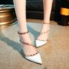 Fashion Rivet Pointed Toe White Sexy Women's Shoes Summer 2024 Buckles Sandals for Woman High Heels Party Weddings Footwear Thick Heel H